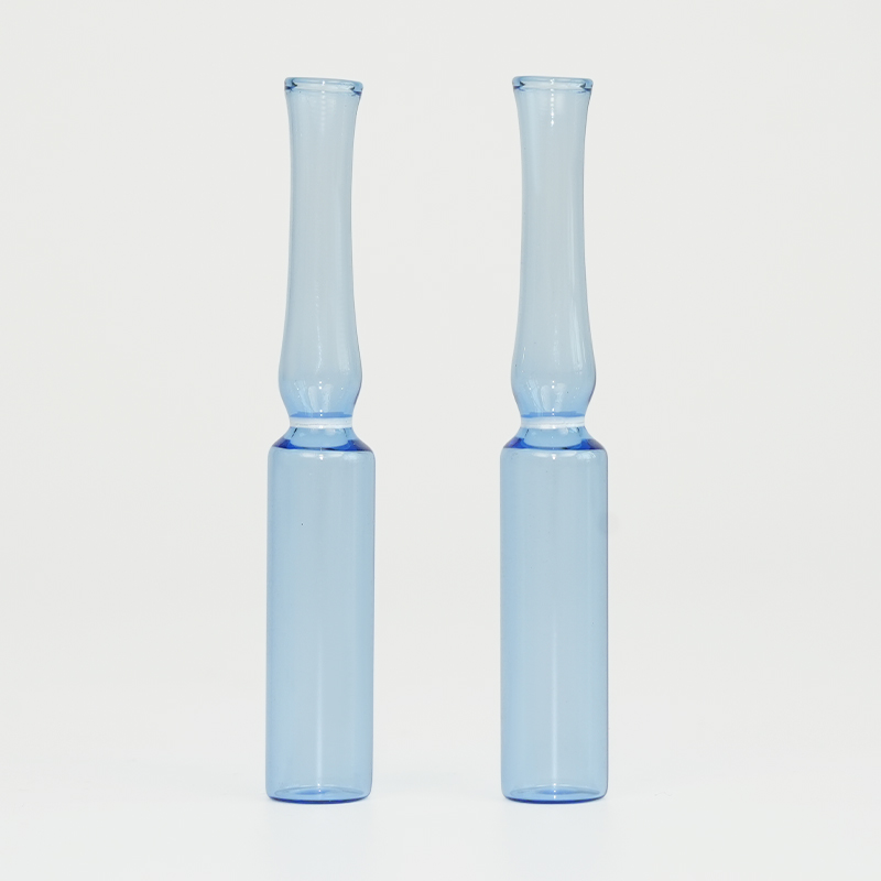 Blue glass ampoule with curved neck